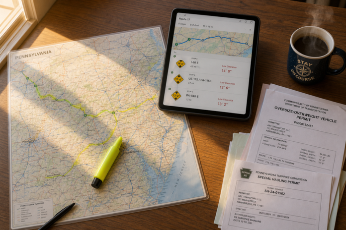 Map, digital route planner, permits, and coffee mug on a desk.
