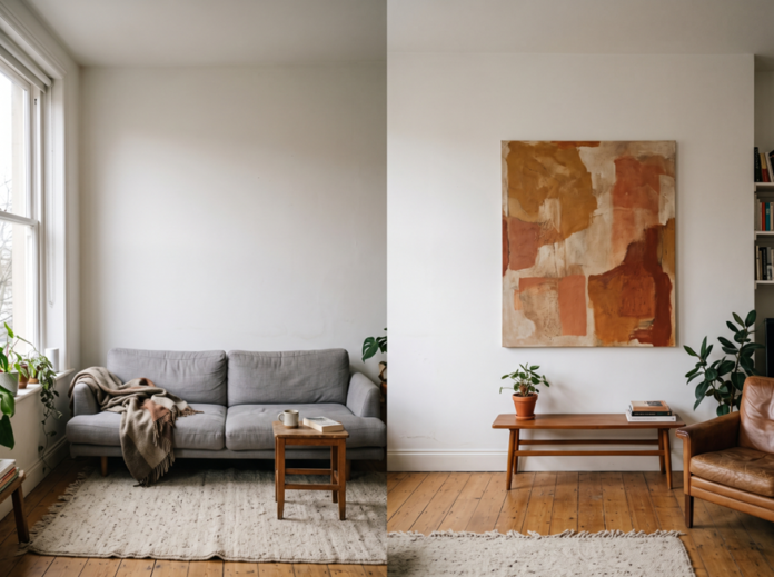 A plain wall versus the same space transformed with a single statement canvas piece A plain wall versus the same space transformed with a single statement canvas piece