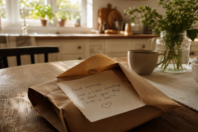 Brown envelope on table with handwritten morning note inside.