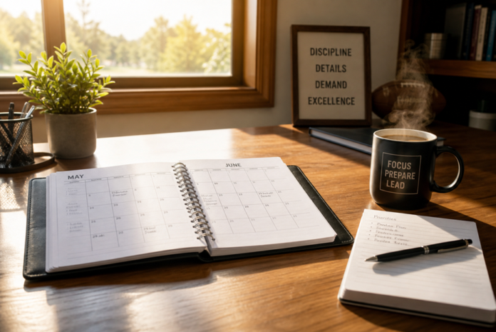 Open planner with coffee mug and motivational signs.