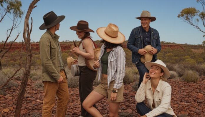 image_6a5d07f36569b (1) In a picturesque Australian Outback scene, a diverse group of individuals wearing different styles of Conner Hats, such as an Australian Outback hat, a wool fedora, a raffia hat, and a cowboy hat.