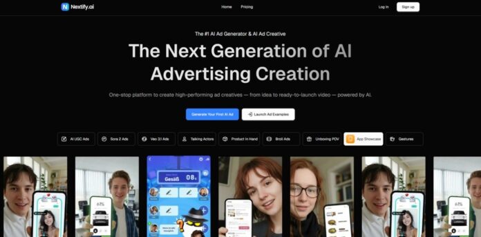Nextify.ai AI ad generator dashboard showing AI-powered video advertising creation examples