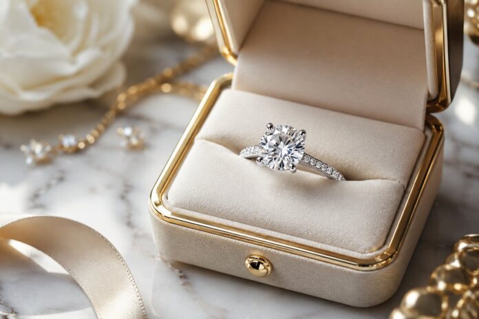 Luxury custom lab diamond engagement ring in an elegant jewelry box with premium craftsmanship, sparkling diamond, and sophisticated presentation by Rare Carat.